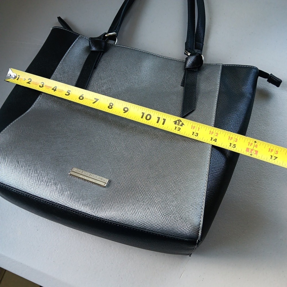 Jones New York SIGNATURE  Black Pebble Faux Leather Satchel Tote Bag Silver Chic - Picture 8 of 12